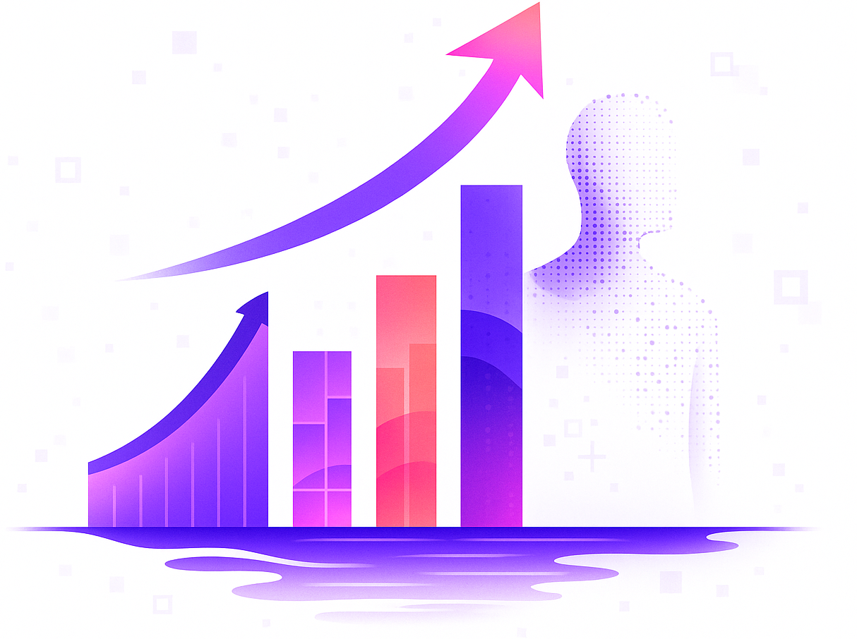 Abstract bar chart with ascending purple and pink bars and upward arrows symbolizing growth, with a dotted human silhouette in the background.